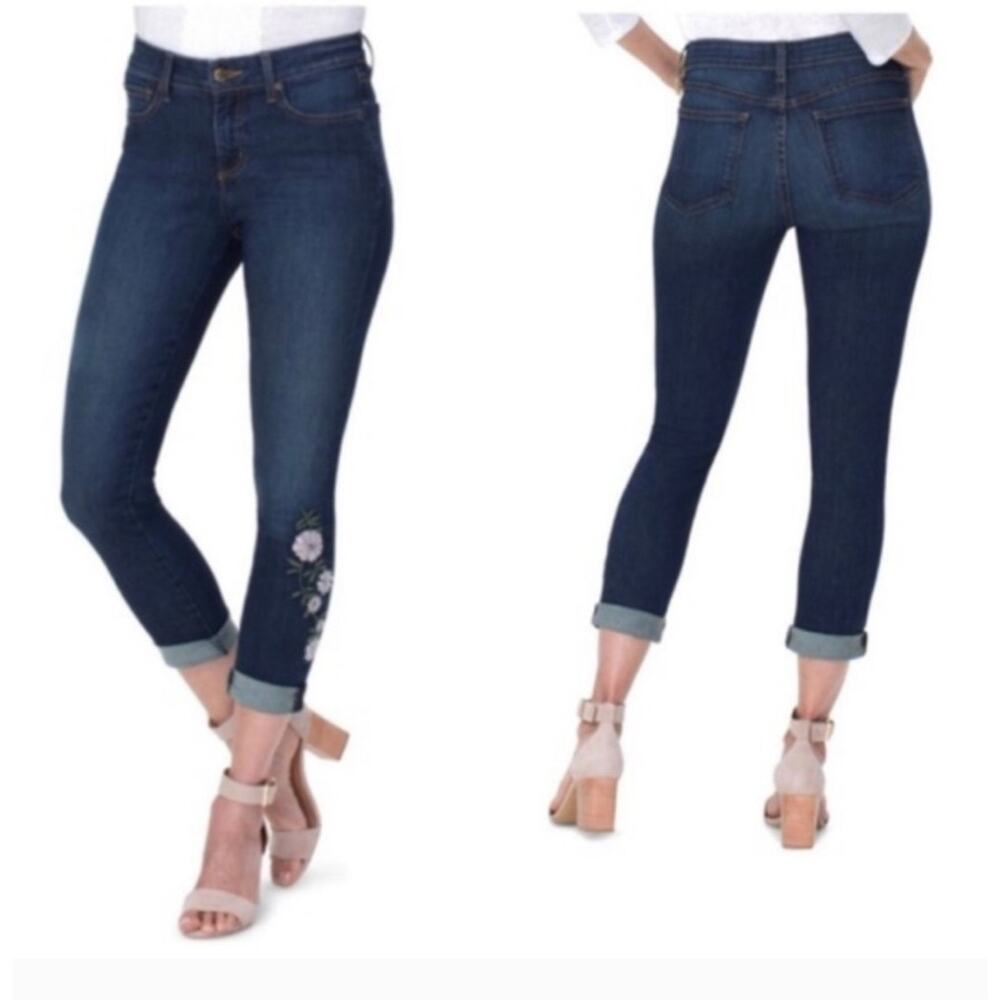 NYDJ Alina Ankle Jeans Size 4 | Floral‎ Embroidered Dark Wash Cropped Denim